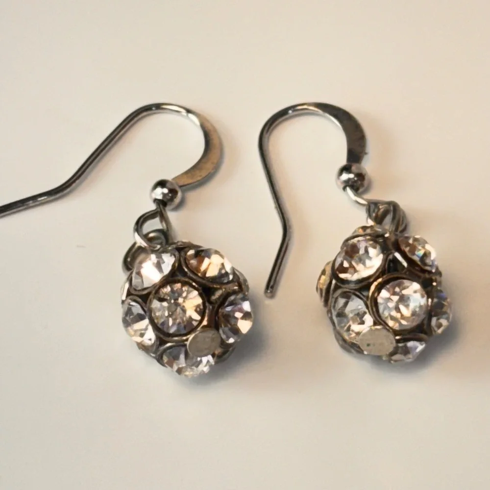 Vintage Crystal Disco Ball Earrings Silver Tone Pave Drop Dangle Y2K Statement